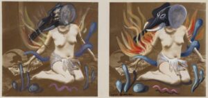 Two paintings of a woman and fire