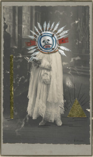 A person in white dress with face mask and feathers.