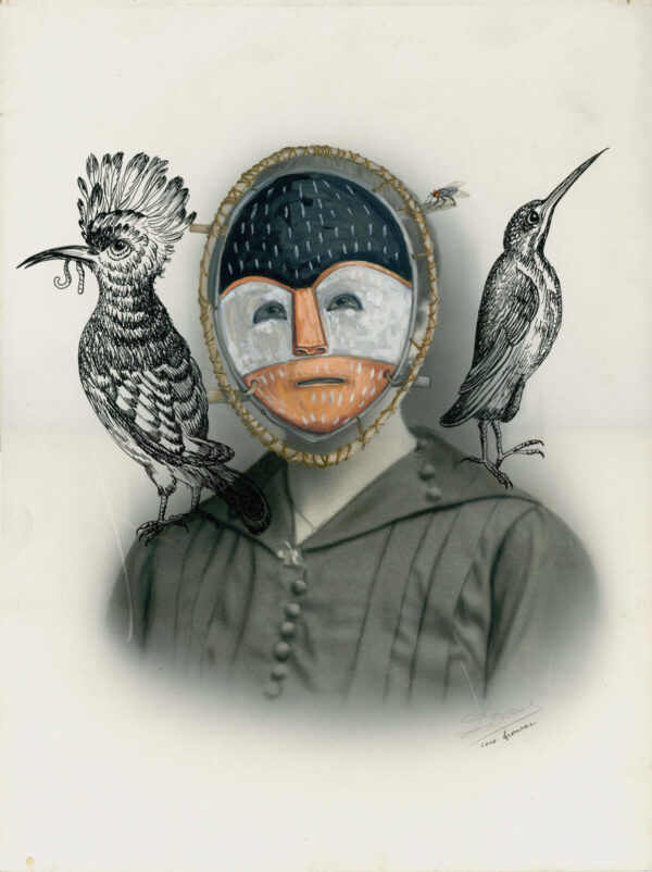 A man with a bird and mask on his face.