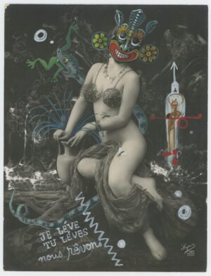 A woman with long hair and bare breasts is sitting on the ground.