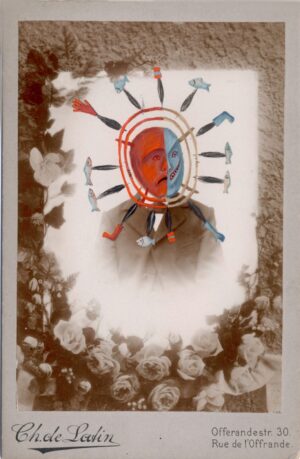 A painting of a man with a sun face and arrows.
