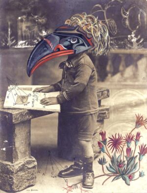 A painting of a bird with a mask on