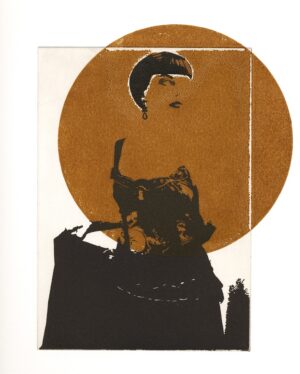 A painting of a woman with a cat on her head.