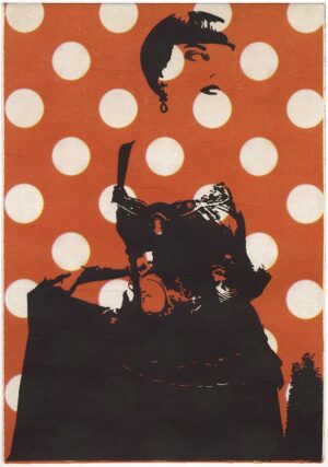 A painting of a person jumping over a bag