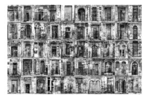 A black and white photo of many windows.
