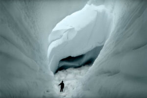 A person standing in the snow near some ice