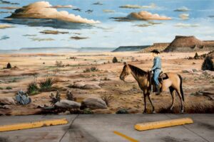A painting of a man on horseback in the desert.