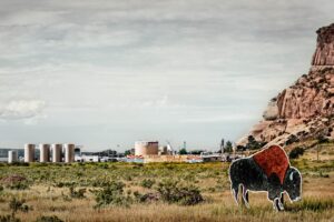 A cow standing in the middle of an open field.