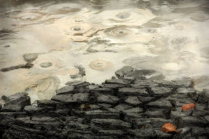 A puddle of water on the ground with rocks.