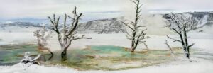 A painting of trees and water in the snow.