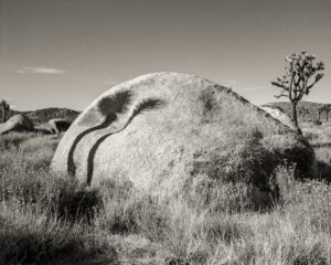 A large rock in the middle of a field.