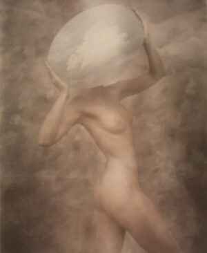 A nude woman with horns in the air.
