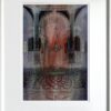A painting of an old church with a red sky
