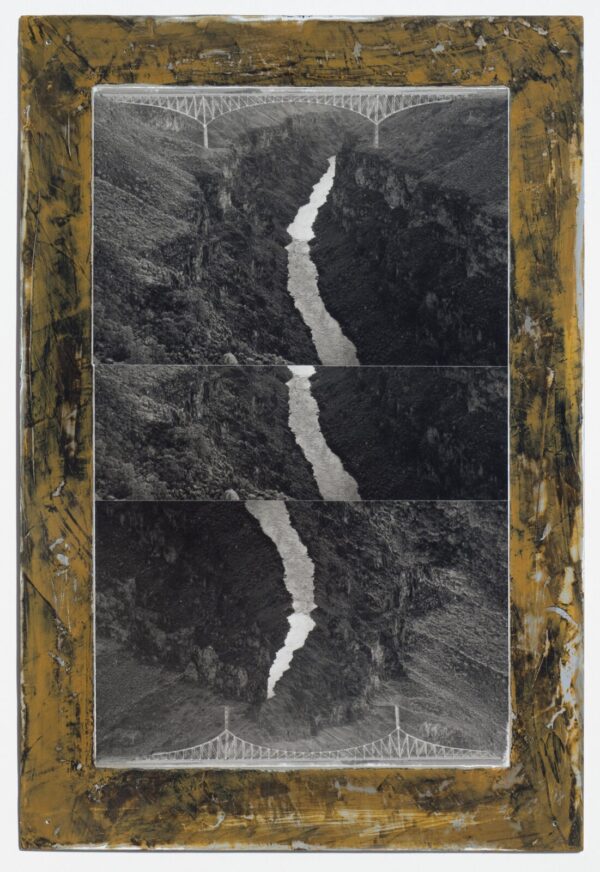 A triptych of black and white photographs with gold frame.