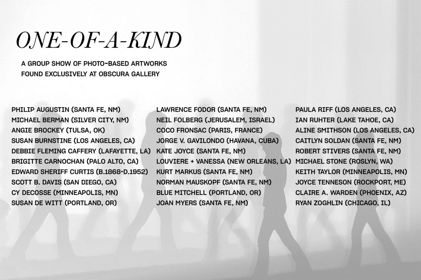 Art exhibition list at Obscura Gallery.