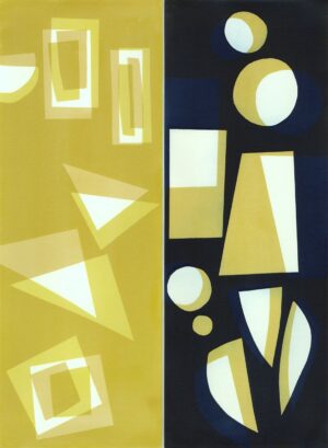 A painting of geometric shapes in yellow and black.