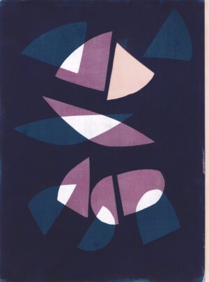 A painting of purple and blue shapes on a black background.