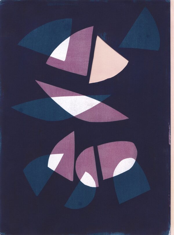 A painting of purple and blue shapes on a black background.