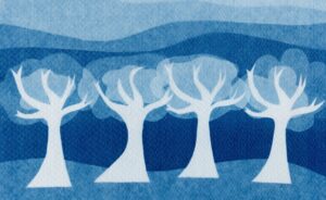 A painting of trees in the middle of a field.