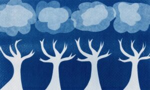 A painting of trees and clouds in the sky.