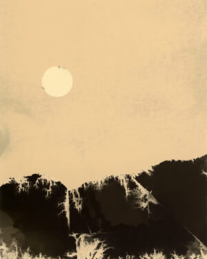 A painting of the sun setting over mountains.