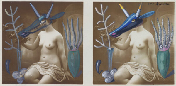 Two paintings of a woman with various objects in her hair.