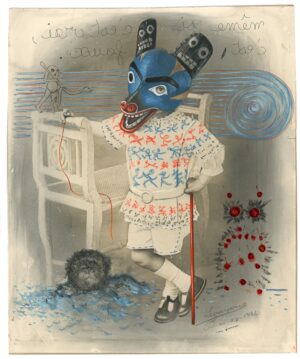 A painting of a person wearing a mask and holding a cane.
