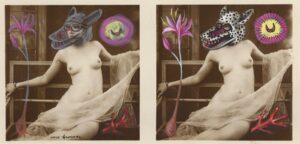 A woman with a bunny mask and a flower in her hand.