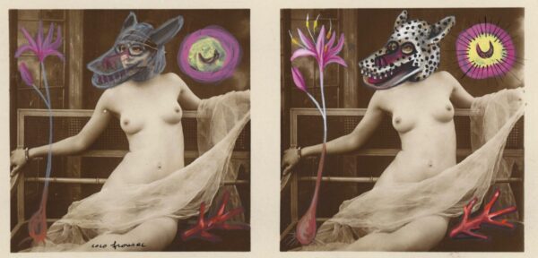 A woman with a bunny mask and a flower in her hand.