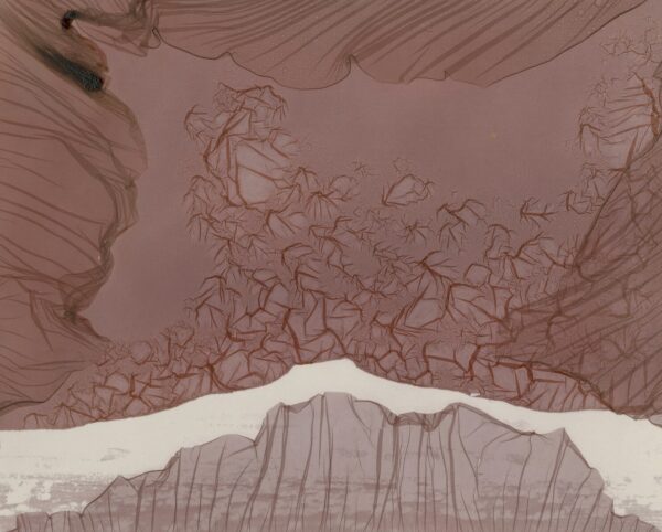 A painting of mountains and water in the background.