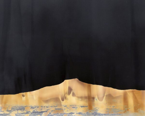 A painting of a mountain with black sky in the background.