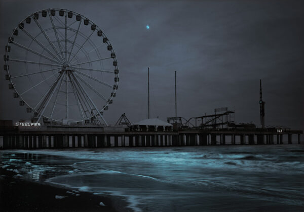 A ferris wheel and pier at night with the moon in the background.
