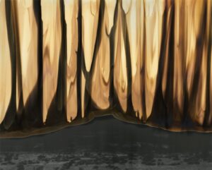 A painting of trees in the middle of a forest.