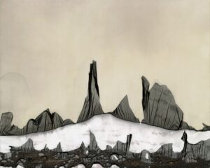 A painting of mountains and snow on the ground.