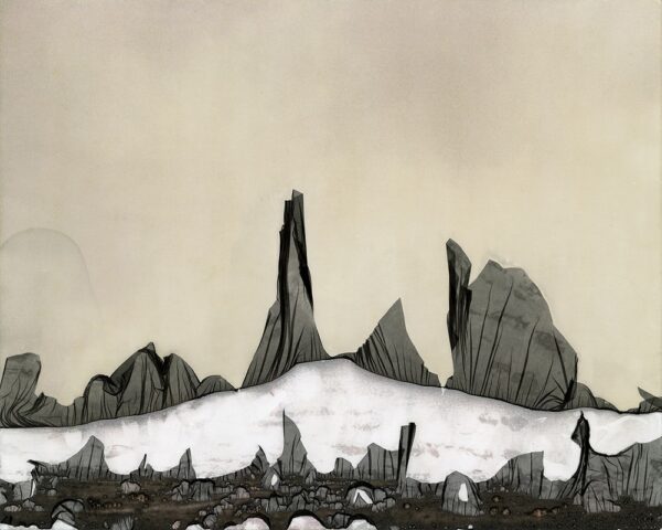 A painting of mountains and snow on the ground.