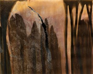 A painting of trees and rocks in the desert.