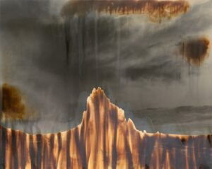 A painting of a mountain with fire and smoke coming from it.