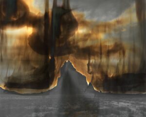 A painting of a mountain with smoke coming from it.