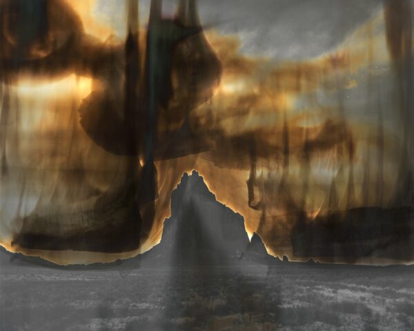 A painting of a mountain with smoke coming from it.