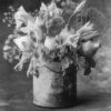 A black and white photo of flowers in a bucket.