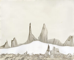 A drawing of some mountains with snow on them
