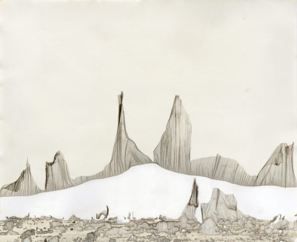 A drawing of some mountains with snow on them