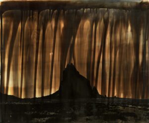 A painting of trees in the dark with water