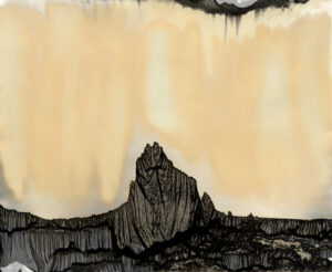 A painting of a mountain with snow on it