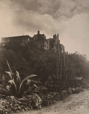 A black and white photo of an old castle.