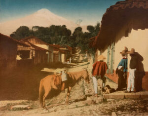 A painting of two men and a horse.