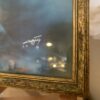 A painting of a city with smoke coming from the sky.