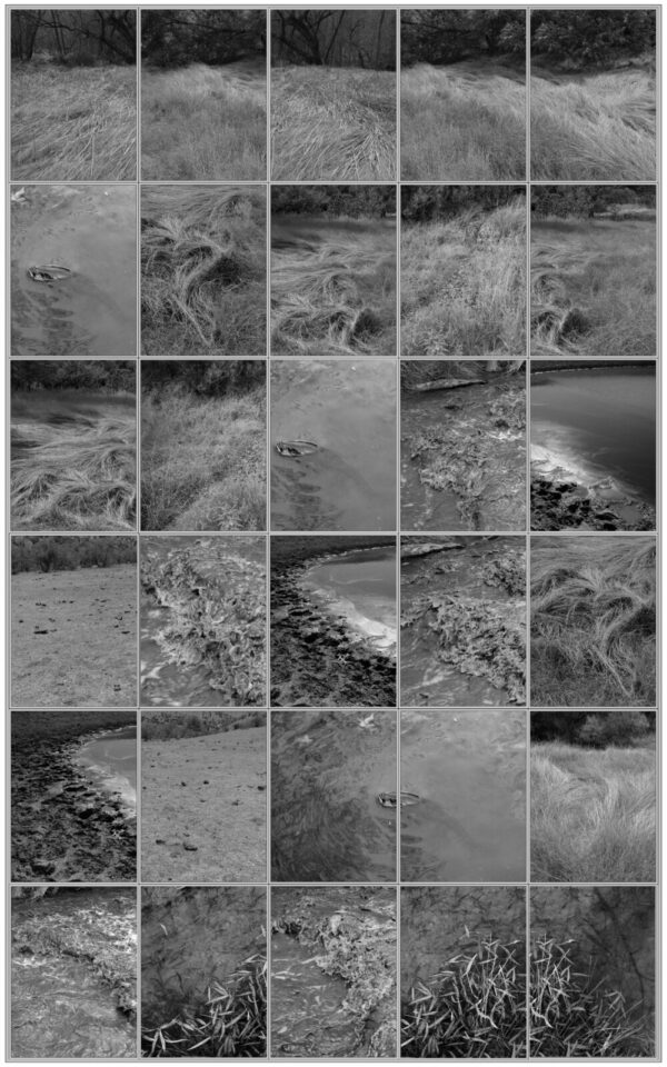 A black and white photo of waves crashing on the beach.