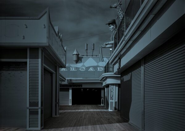 A dark street with many buildings and some lights