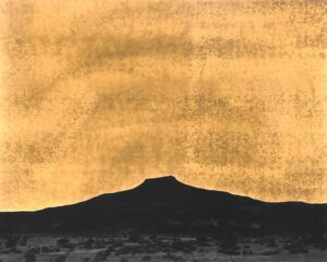A painting of a mountain in the distance